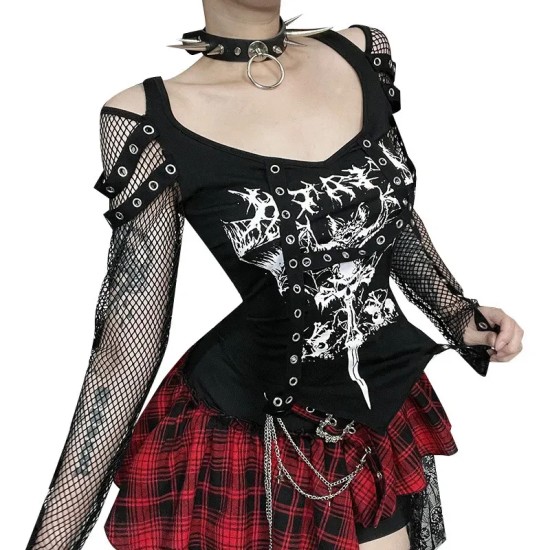 Women Gothic Mesh Long Sleeve Stitching Top Women Gothic Mesh Long Sleeve Stitching Top