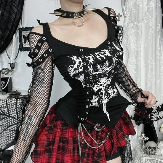Women Gothic Mesh Long Sleeve Stitching Top Women Gothic Mesh Long Sleeve Stitching Top