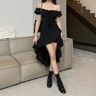 Women Fashion Sexy Black Ruffled Irregular Off-Shoulder Dress Women Fashion Sexy Black Ruffled Irregular Off-Shoulder Dress