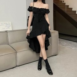 Women Fashion Sexy Black Ruffled Irregular Off-Shoulder Dress Women Fashion Sexy Black Ruffled Irregular Off-Shoulder Dress