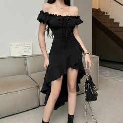 Women Fashion Sexy Black Ruffled Irregular Off-Shoulder Dress Women Fashion Sexy Black Ruffled Irregular Off-Shoulder Dress
