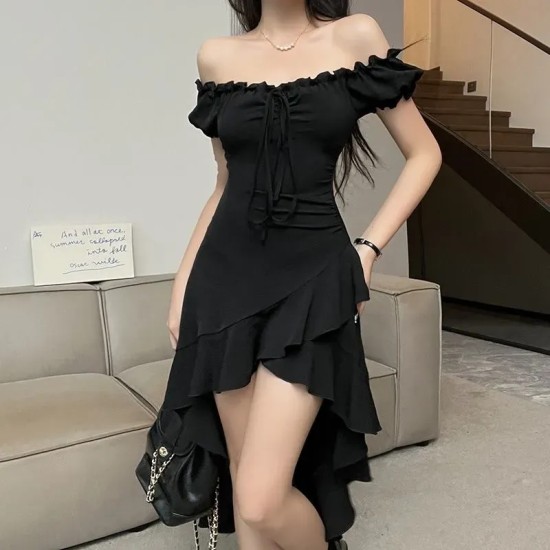 Women Fashion Sexy Black Ruffled Irregular Off-Shoulder Dress Women Fashion Sexy Black Ruffled Irregular Off-Shoulder Dress