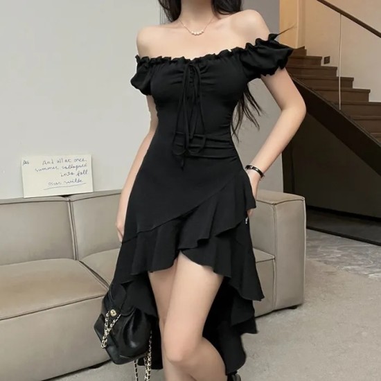 Women Fashion Sexy Black Ruffled Irregular Off-Shoulder Dress Women Fashion Sexy Black Ruffled Irregular Off-Shoulder Dress
