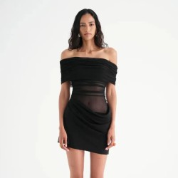 Women Fashion Elegant Mesh Hollow-Out Pleated One-Shoulder Slim Fit Dress Women Fashion Elegant Mesh Hollow-Out Pleated One-Shoulder Slim Fit Dress