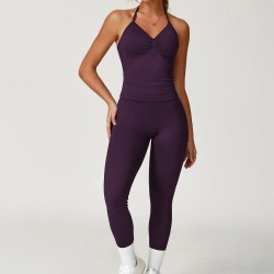 Women Fashion Solid Color Seamless Halter-Neck Camisole Tight Pants Yoga Sports Two-Piece Set Women Fashion Solid Color Seamless Halter-Neck Camisole Tight Pants Yoga Sports Two-Piece Set