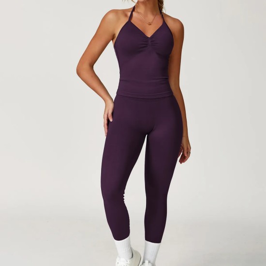 Women Fashion Solid Color Seamless Halter-Neck Camisole Tight Pants Yoga Sports Two-Piece Set Women Fashion Solid Color Seamless Halter-Neck Camisole Tight Pants Yoga Sports Two-Piece Set