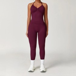 Women Fashion Solid Color Seamless Halter-Neck Camisole Tight Pants Yoga Sports Two-Piece Set Women Fashion Solid Color Seamless Halter-Neck Camisole Tight Pants Yoga Sports Two-Piece Set