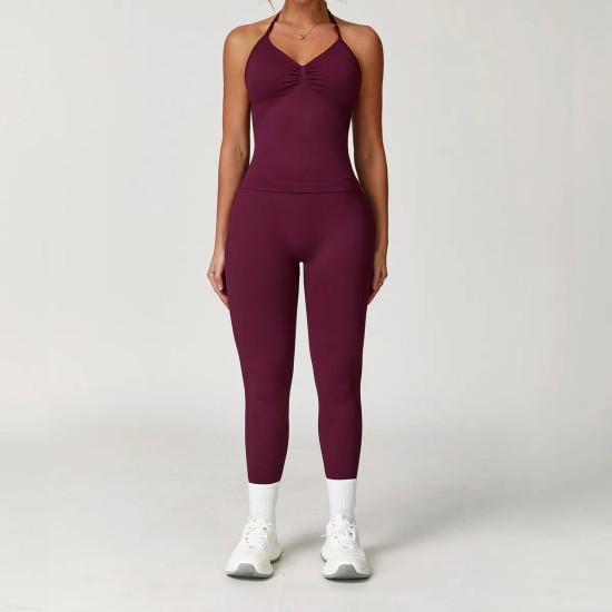 Women Fashion Solid Color Seamless Halter-Neck Camisole Tight Pants Yoga Sports Two-Piece Set Women Fashion Solid Color Seamless Halter-Neck Camisole Tight Pants Yoga Sports Two-Piece Set