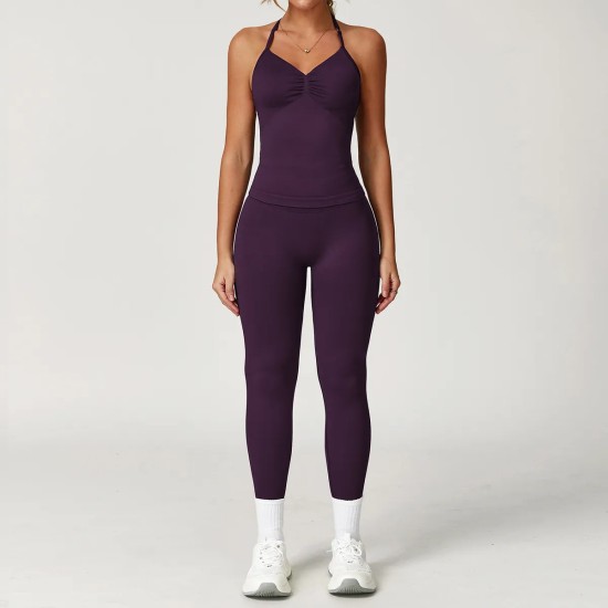 Women Fashion Solid Color Seamless Halter-Neck Camisole Tight Pants Yoga Sports Two-Piece Set Women Fashion Solid Color Seamless Halter-Neck Camisole Tight Pants Yoga Sports Two-Piece Set