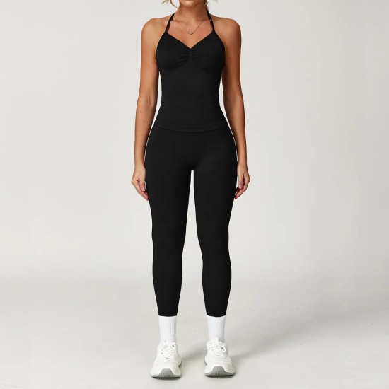 Women Fashion Solid Color Seamless Halter-Neck Camisole Tight Pants Yoga Sports Two-Piece Set Women Fashion Solid Color Seamless Halter-Neck Camisole Tight Pants Yoga Sports Two-Piece Set