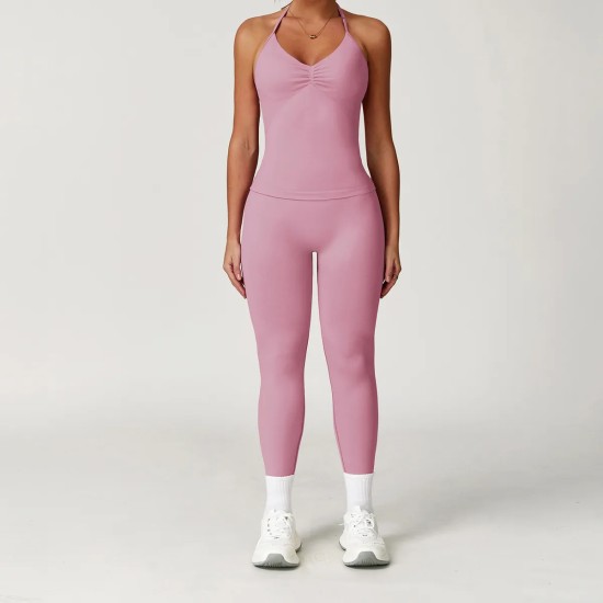 Women Fashion Solid Color Seamless Halter-Neck Camisole Tight Pants Yoga Sports Two-Piece Set Women Fashion Solid Color Seamless Halter-Neck Camisole Tight Pants Yoga Sports Two-Piece Set