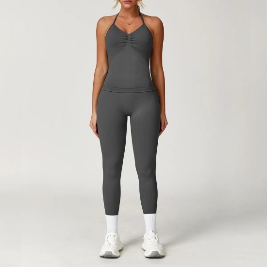 Women Fashion Solid Color Seamless Halter-Neck Camisole Tight Pants Yoga Sports Two-Piece Set Women Fashion Solid Color Seamless Halter-Neck Camisole Tight Pants Yoga Sports Two-Piece Set