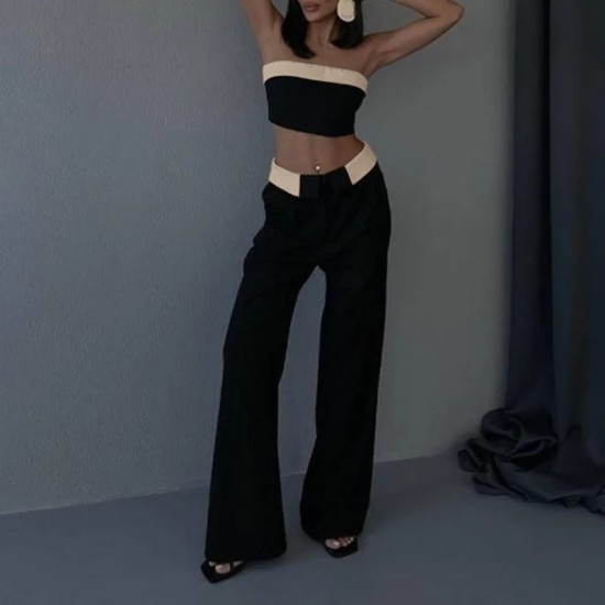 Women Fashion Contrast Stitching Tube Top And Pants Two-Piece Set Women Fashion Contrast Stitching Tube Top And Pants Two-Piece Set