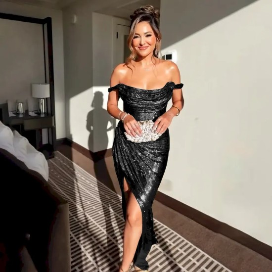 Women Fashion Sexy Solid Color Off Shoulder Drawstring Split Party Dress Women Fashion Sexy Solid Color Off Shoulder Drawstring Split Party Dress