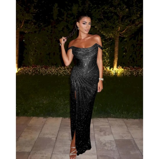 Women Fashion Sexy Solid Color Off Shoulder Drawstring Split Party Dress Women Fashion Sexy Solid Color Off Shoulder Drawstring Split Party Dress