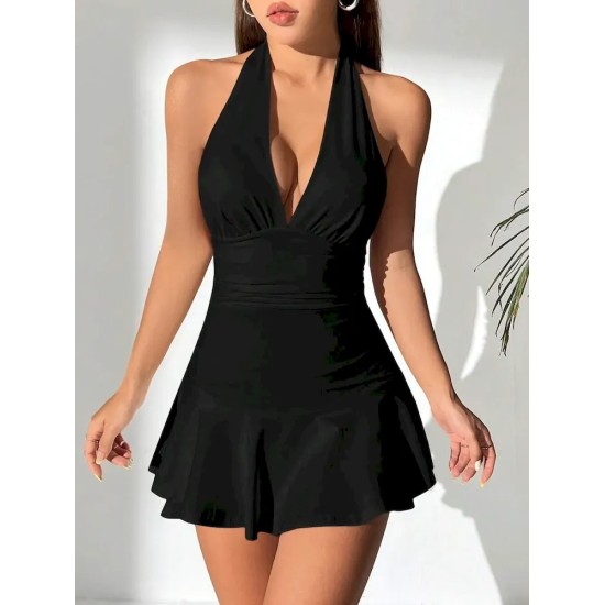 Women Fashion Sexy Solid Color Deep V-Neck Halter-Neck Backless Slim Fit Dress Women Fashion Sexy Solid Color Deep V-Neck Halter-Neck Backless Slim Fit Dress