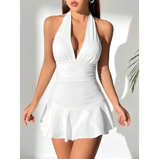 Women Fashion Sexy Solid Color Deep V-Neck Halter-Neck Backless Slim Fit Dress Women Fashion Sexy Solid Color Deep V-Neck Halter-Neck Backless Slim Fit Dress
