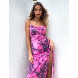 Women Fashion Sexy Tie-Dye Spaghetti Strap Backless Split Slim Fit Dress Women Fashion Sexy Tie-Dye Spaghetti Strap Backless Split Slim Fit Dress