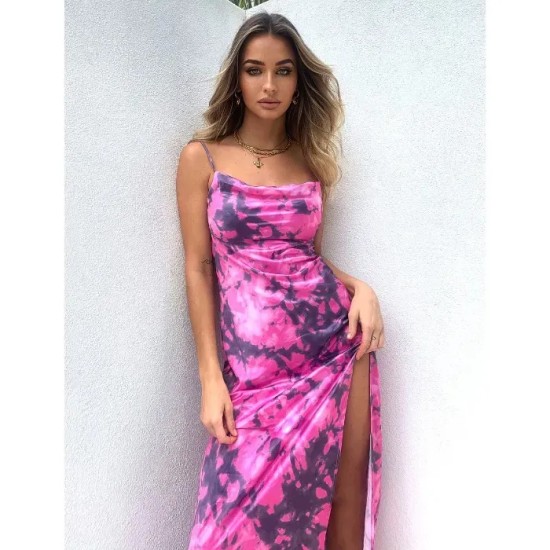 Women Fashion Sexy Tie-Dye Spaghetti Strap Backless Split Slim Fit Dress Women Fashion Sexy Tie-Dye Spaghetti Strap Backless Split Slim Fit Dress