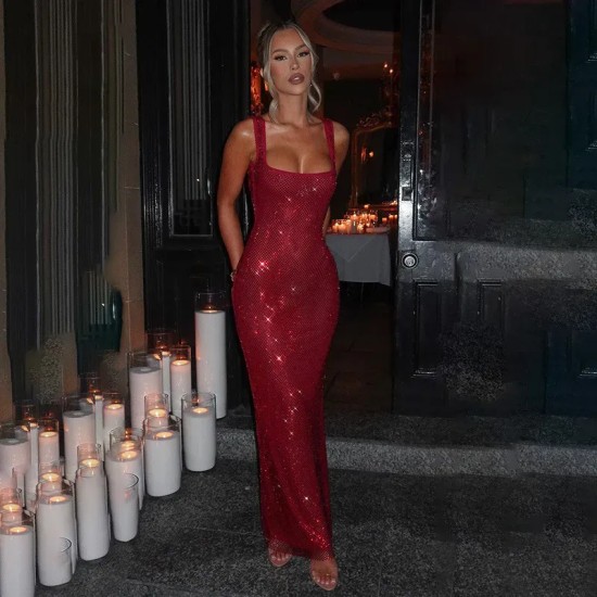 Women Fashion Sexy Solid Color Sequin Square Neck Sleeveless Backless Party Dress Women Fashion Sexy Solid Color Sequin Square Neck Sleeveless Backless Party Dress