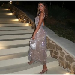 Women Fashion Sexy Solid Color Sequin Square Neck Sleeveless Backless Party Dress Women Fashion Sexy Solid Color Sequin Square Neck Sleeveless Backless Party Dress