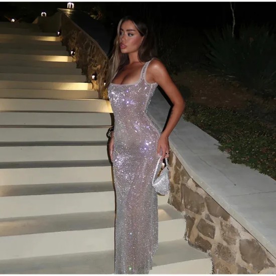 Women Fashion Sexy Solid Color Sequin Square Neck Sleeveless Backless Party Dress Women Fashion Sexy Solid Color Sequin Square Neck Sleeveless Backless Party Dress
