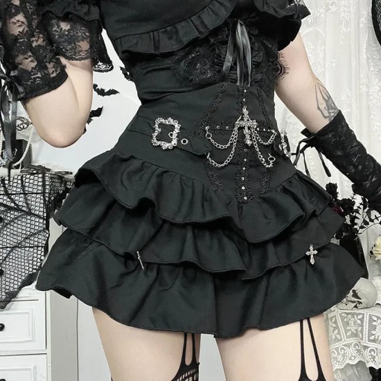 Women Diablo Punk Gothic Multi-Layer Black Skirt Women Diablo Punk Gothic Multi-Layer Black Skirt