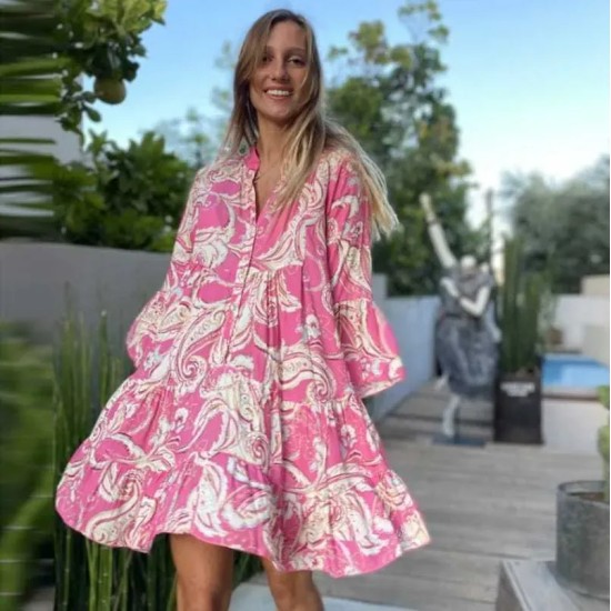 S-2xl Women Bohemia Paisley Printing Single-Breasted Swing Dress S-2xl Women Bohemia Paisley Printing Single-Breasted Swing Dress