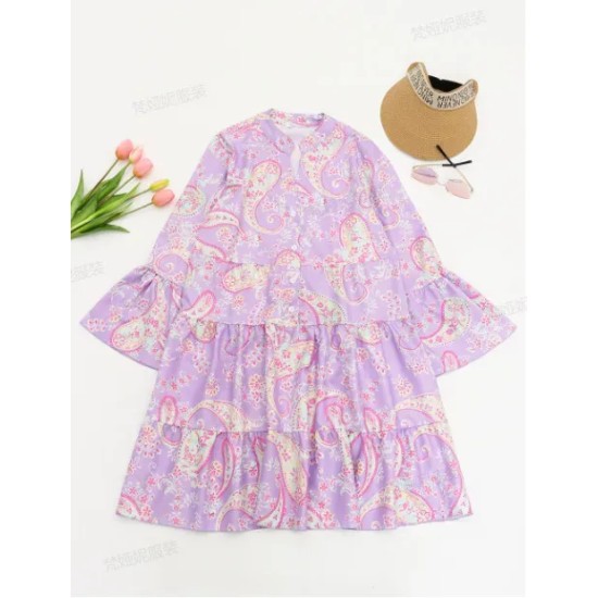 S-2xl Women Bohemia Paisley Printing Single-Breasted Swing Dress S-2xl Women Bohemia Paisley Printing Single-Breasted Swing Dress
