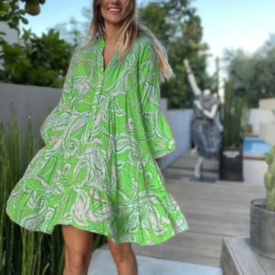 S-2xl Women Bohemia Paisley Printing Single-Breasted Swing Dress S-2xl Women Bohemia Paisley Printing Single-Breasted Swing Dress