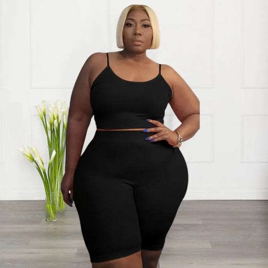 Plus Size Women Athleisure Casual Sports Two-Piece High Elastic U-Shaped Sleeveless Camis Shorts Set Plus Size Women Athleisure Casual Sports Two-Piece High Elastic U-Shaped Sleeveless Camis Shorts Set