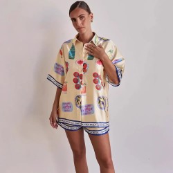Women Fashion Casual Printed Lapel Short Sleeve Blouse Loose Shorts Two-Piece Set Women Fashion Casual Printed Lapel Short Sleeve Blouse Loose Shorts Two-Piece Set
