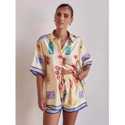 Women Fashion Casual Printed Lapel Short Sleeve Blouse Loose Shorts Two-Piece Set Women Fashion Casual Printed Lapel Short Sleeve Blouse Loose Shorts Two-Piece Set