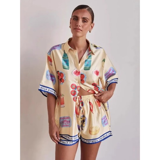 Women Fashion Casual Printed Lapel Short Sleeve Blouse Loose Shorts Two-Piece Set Women Fashion Casual Printed Lapel Short Sleeve Blouse Loose Shorts Two-Piece Set