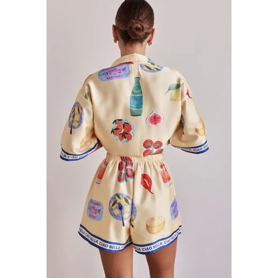 Women Fashion Casual Printed Lapel Short Sleeve Blouse Loose Shorts Two-Piece Set Women Fashion Casual Printed Lapel Short Sleeve Blouse Loose Shorts Two-Piece Set