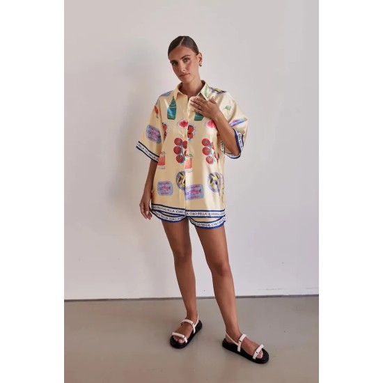 Women Fashion Casual Printed Lapel Short Sleeve Blouse Loose Shorts Two-Piece Set Women Fashion Casual Printed Lapel Short Sleeve Blouse Loose Shorts Two-Piece Set