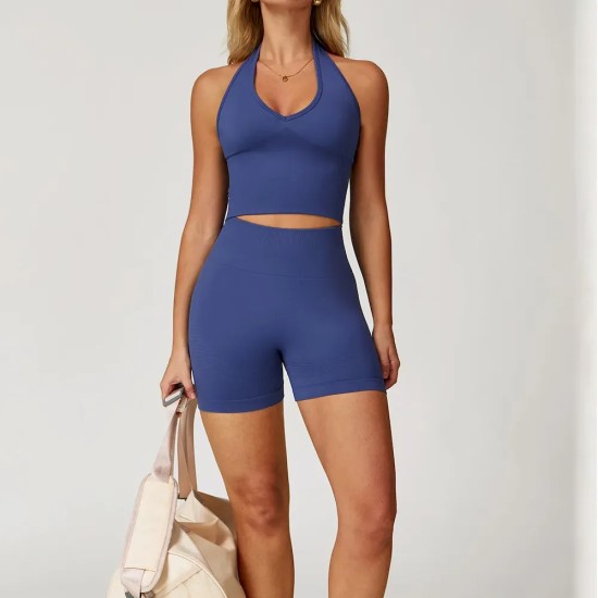 Women Fashion Solid Color Thread Seamless Halter-Neck Tank Top Tight Shorts Yoga Sports Two-Piece Set Women Fashion Solid Color Thread Seamless Halter-Neck Tank Top Tight Shorts Yoga Sports Two-Piece Set