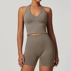 Women Fashion Solid Color Thread Seamless Halter-Neck Tank Top Tight Shorts Yoga Sports Two-Piece Set Women Fashion Solid Color Thread Seamless Halter-Neck Tank Top Tight Shorts Yoga Sports Two-Piece Set
