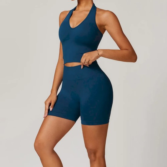 Women Fashion Solid Color Thread Seamless Halter-Neck Tank Top Tight Shorts Yoga Sports Two-Piece Set Women Fashion Solid Color Thread Seamless Halter-Neck Tank Top Tight Shorts Yoga Sports Two-Piece Set