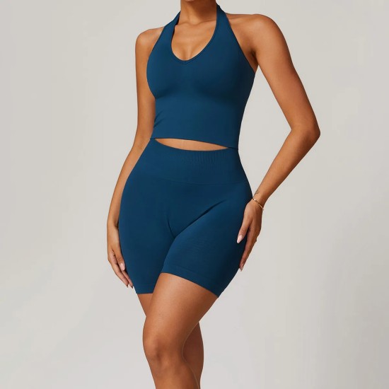 Women Fashion Solid Color Thread Seamless Halter-Neck Tank Top Tight Shorts Yoga Sports Two-Piece Set Women Fashion Solid Color Thread Seamless Halter-Neck Tank Top Tight Shorts Yoga Sports Two-Piece Set
