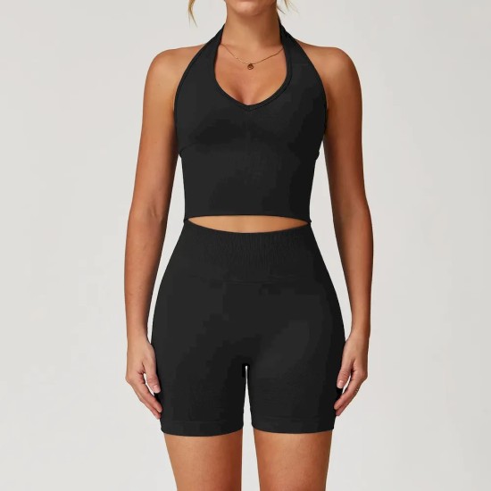 Women Fashion Solid Color Thread Seamless Halter-Neck Tank Top Tight Shorts Yoga Sports Two-Piece Set Women Fashion Solid Color Thread Seamless Halter-Neck Tank Top Tight Shorts Yoga Sports Two-Piece Set