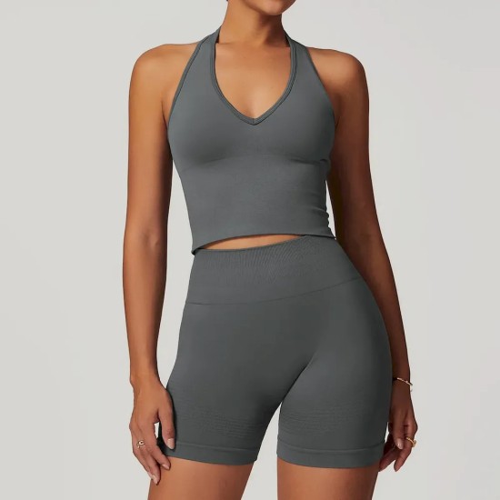 Women Fashion Solid Color Thread Seamless Halter-Neck Tank Top Tight Shorts Yoga Sports Two-Piece Set Women Fashion Solid Color Thread Seamless Halter-Neck Tank Top Tight Shorts Yoga Sports Two-Piece Set