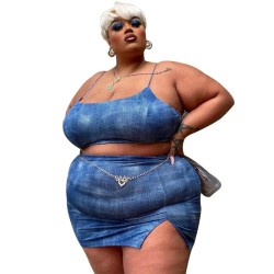 Women Plus Size Sexy Edgy Sleeveless Crop Camisole And Side-slit Skirt Two-piece Set Women Plus Size Sexy Edgy Sleeveless Crop Camisole And Side-slit Skirt Two-piece Set