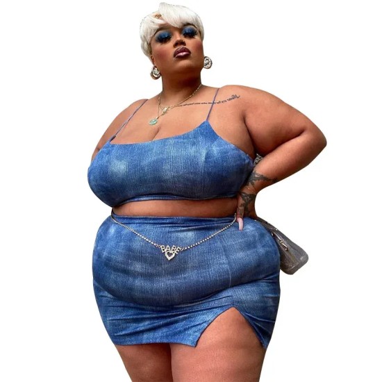 Women Plus Size Sexy Edgy Sleeveless Crop Camisole And Side-slit Skirt Two-piece Set Women Plus Size Sexy Edgy Sleeveless Crop Camisole And Side-slit Skirt Two-piece Set