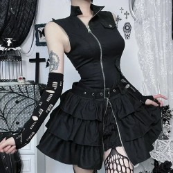 Women Gothic Solid Color Sleeveless Zip Dress Women Gothic Solid Color Sleeveless Zip Dress