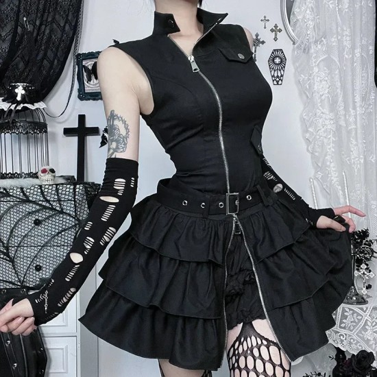 Women Gothic Solid Color Sleeveless Zip Dress Women Gothic Solid Color Sleeveless Zip Dress