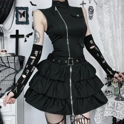 Women Gothic Solid Color Sleeveless Zip Dress Women Gothic Solid Color Sleeveless Zip Dress