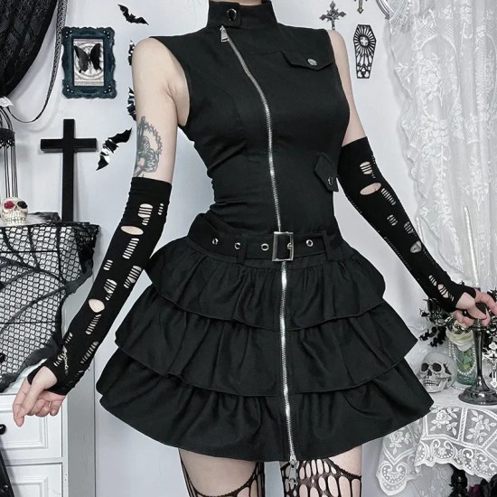 Women Gothic Solid Color Sleeveless Zip Dress Women Gothic Solid Color Sleeveless Zip Dress