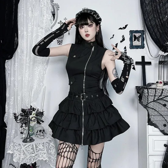 Women Gothic Solid Color Sleeveless Zip Dress Women Gothic Solid Color Sleeveless Zip Dress