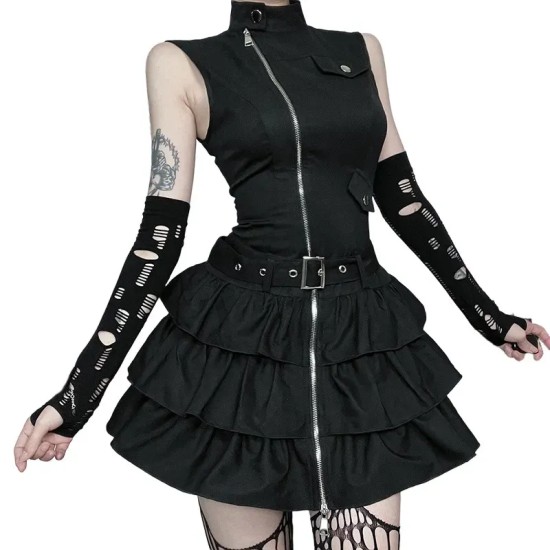 Women Gothic Solid Color Sleeveless Zip Dress Women Gothic Solid Color Sleeveless Zip Dress